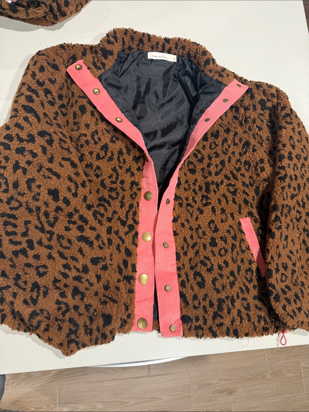 Madison Brown Leopard Sherpa Jacket with Pink Trim